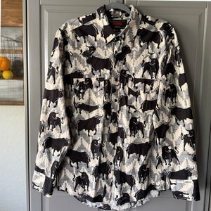 Rock & Roll Denim Mens Western Bull Print Modern Fit Snap LS Shirt,Black,M(NWOT)